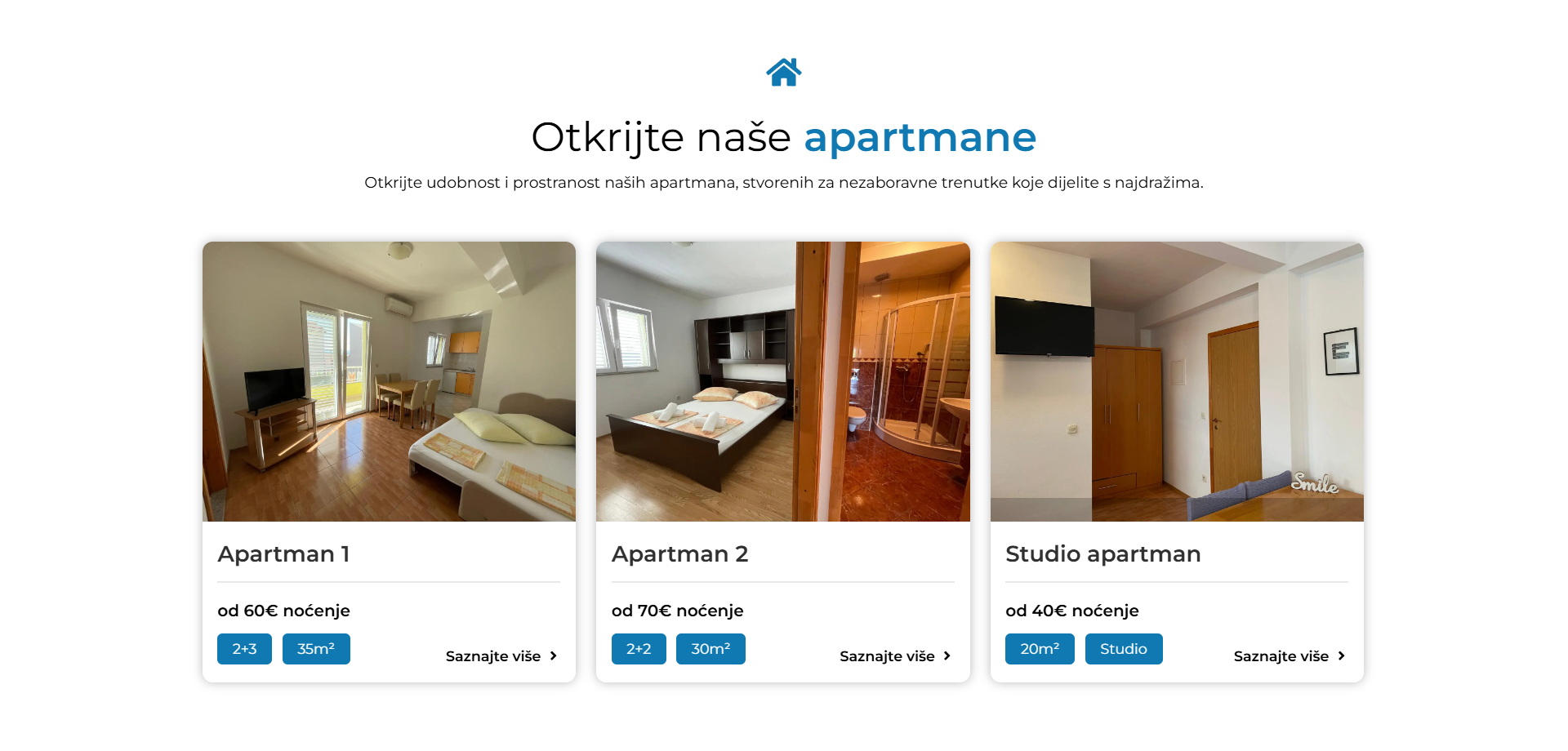 Discover Our Apartments section with 3 apartments featuring name, price, size, and occupancy
