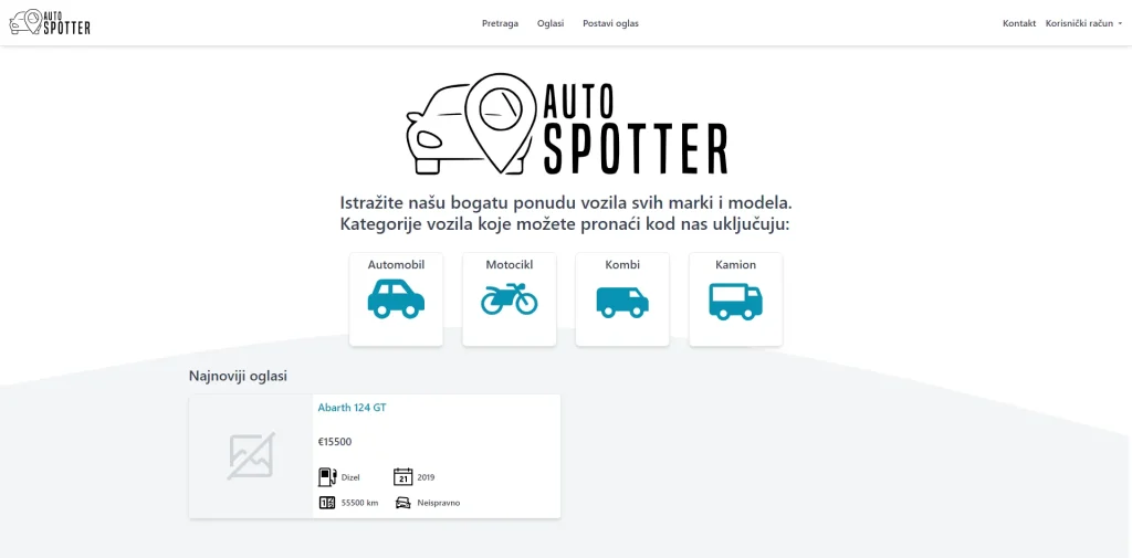 Homepage of Auto Spotter featuring vehicle categories and a highlighted car listing