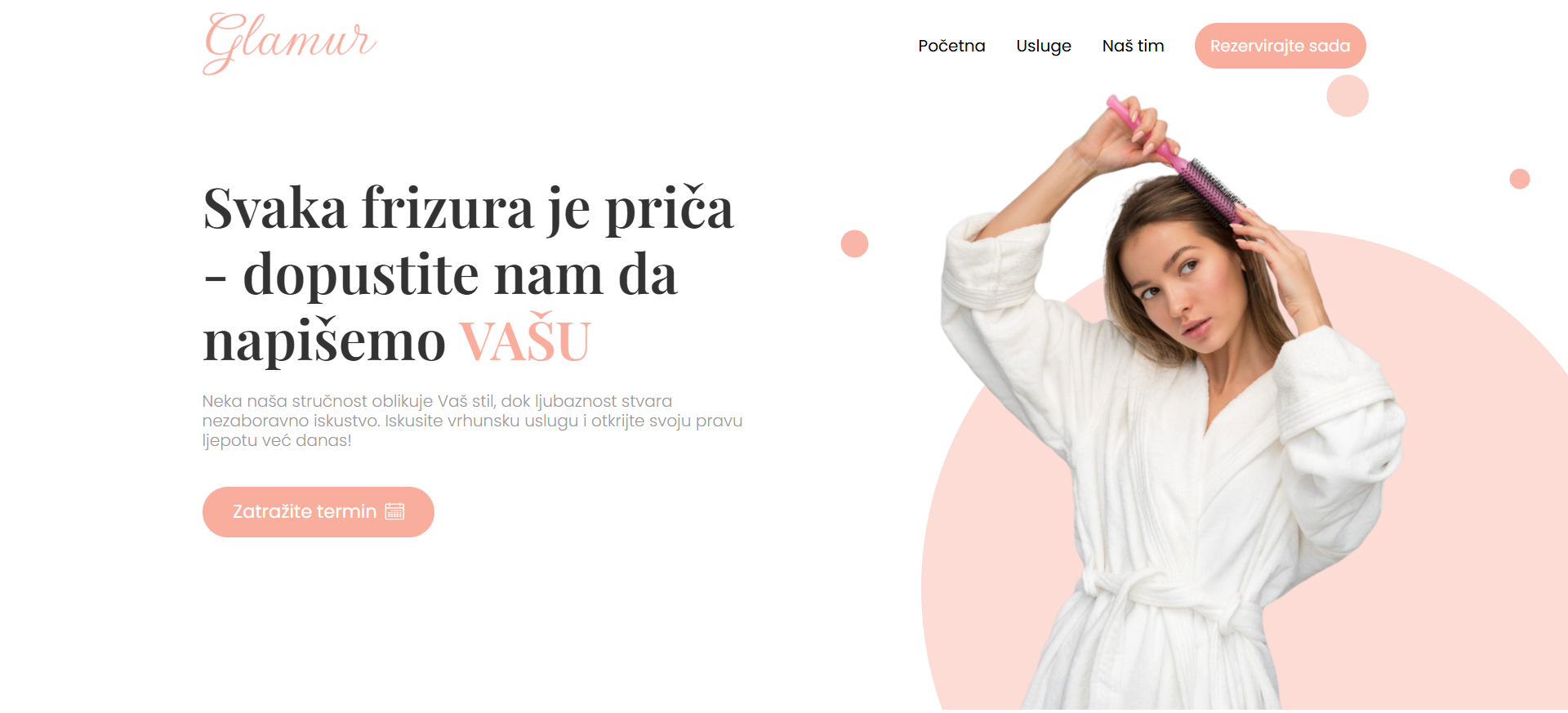 The main section of the Glamur website with a welcoming message and navigation options
