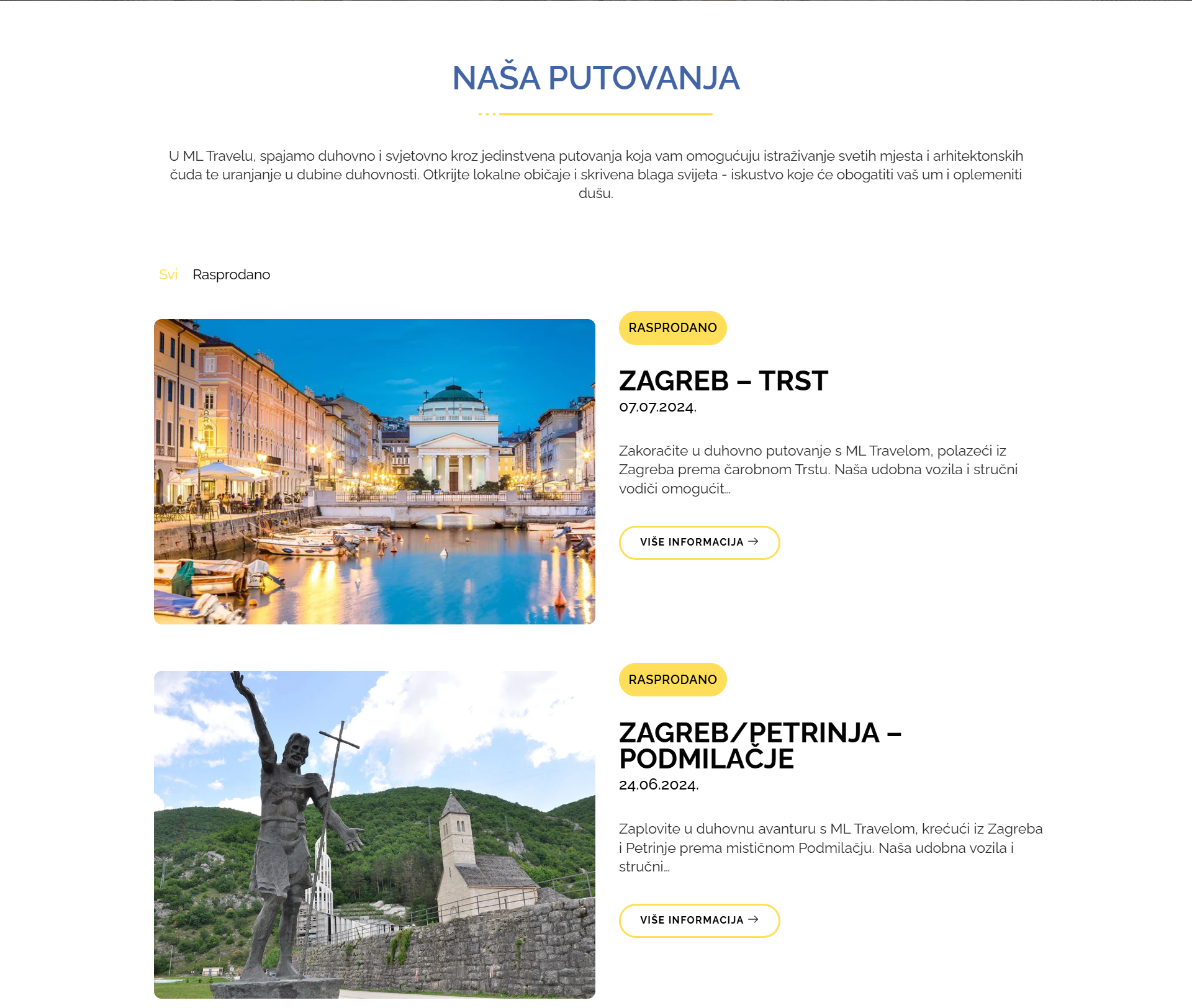 Our trips section showcasing various travel packages with images and descriptions on the ML Travel website