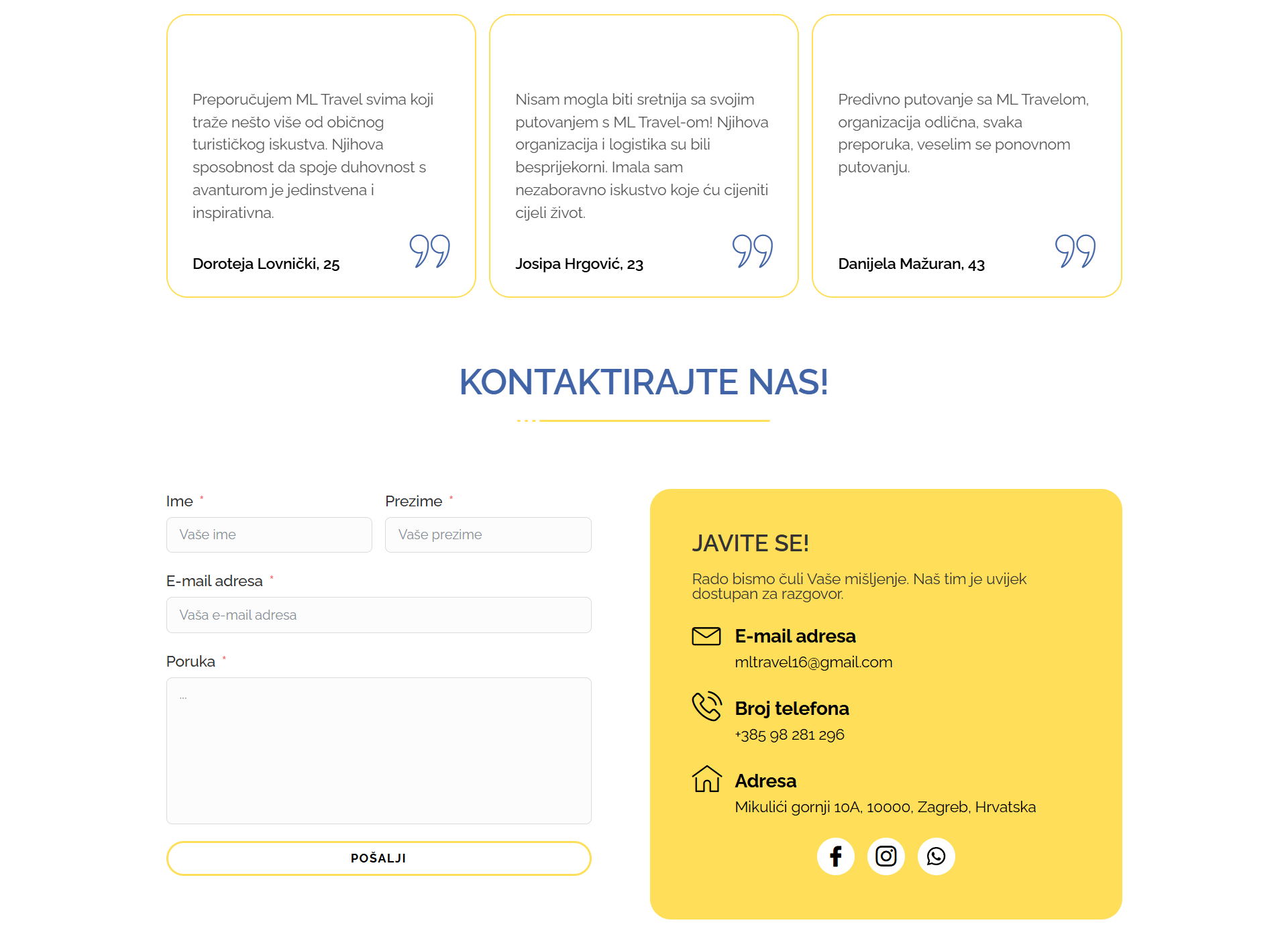 Client reviews and contact sections on the ML Travel website