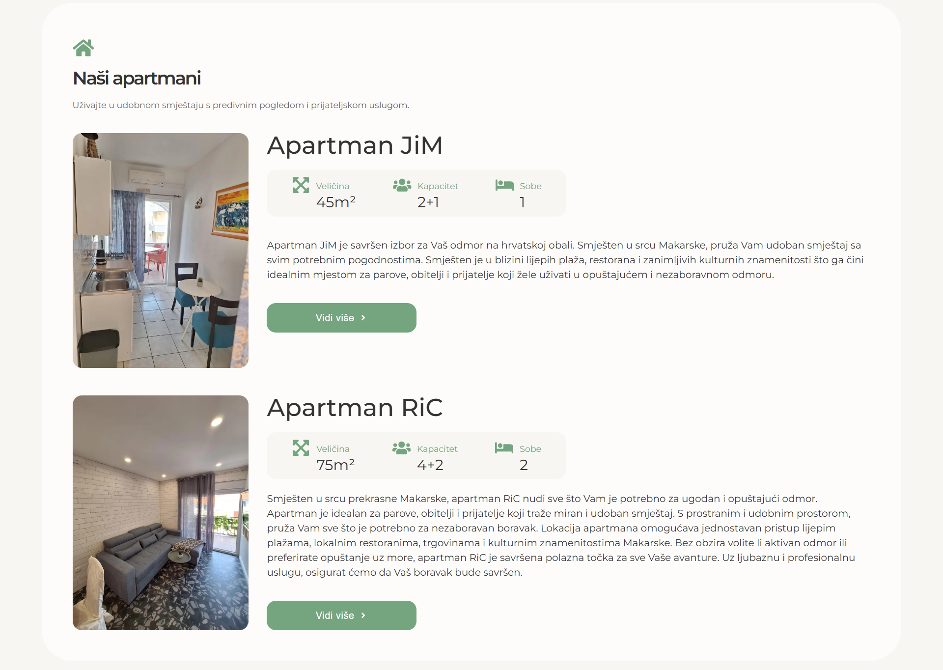 Apartments offered on Apartmani Turić website with details and features