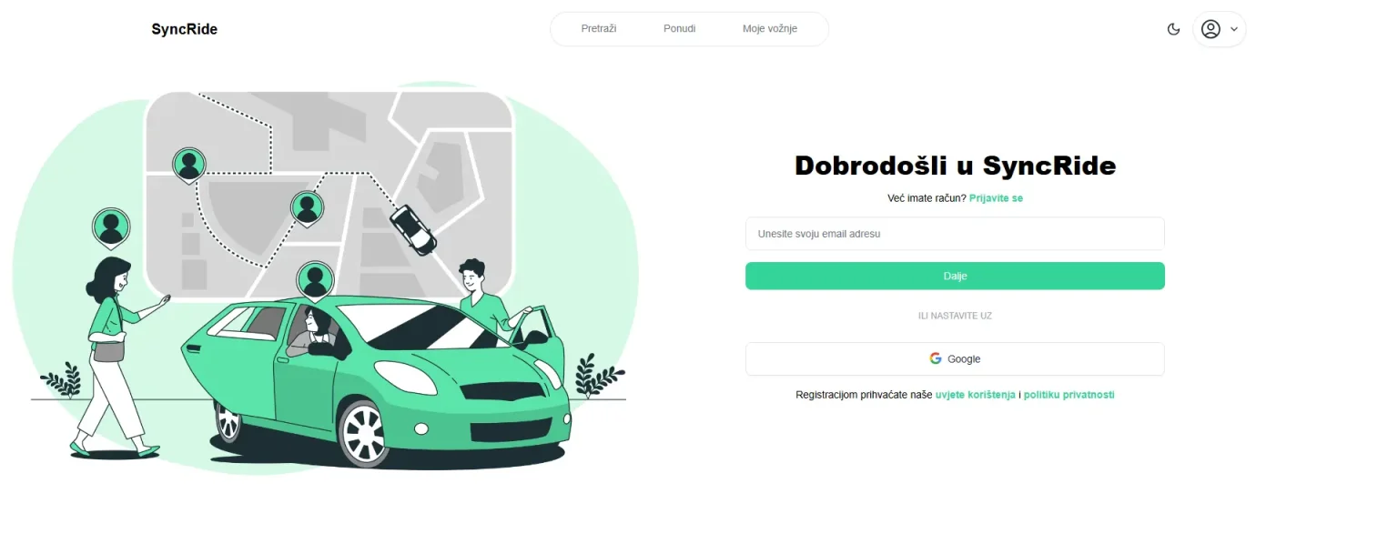 An illustration of a car with people nearby and a map interface in the background, with a login form on the right