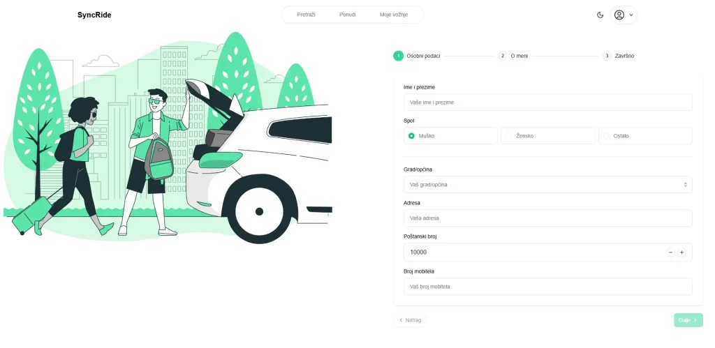 Illustration of two people next to a car with an open trunk, filling in personal information on a form on the right