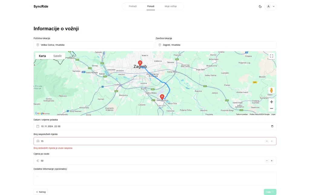 A map interface showing a route from Velika Gorica to Zagreb, with trip details below