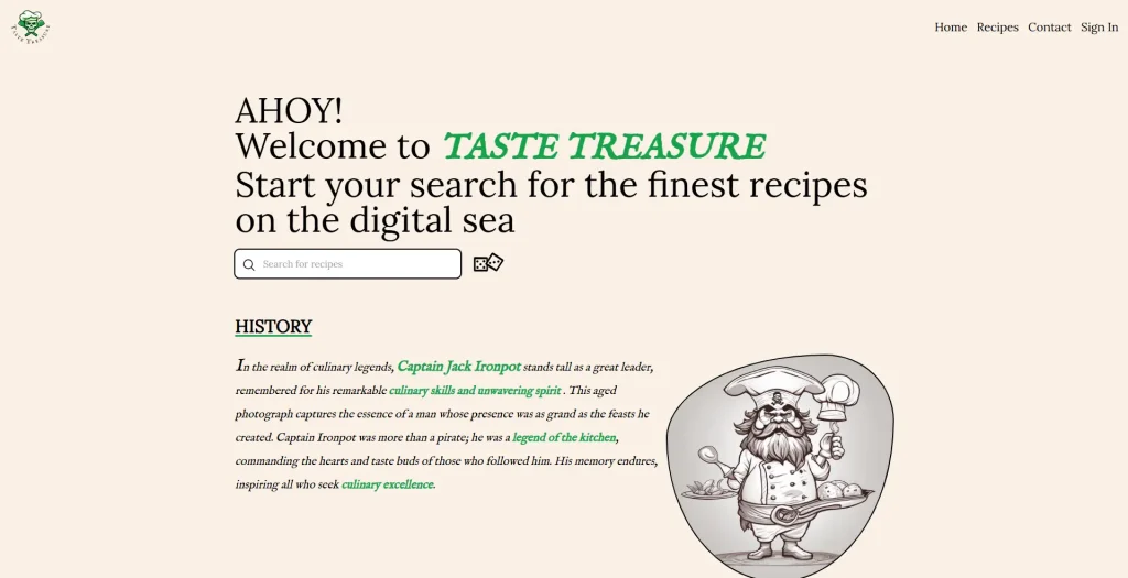 Welcome page of Taste Treasure with a search bar and an illustration of Captain Jack Ironpot holding a spoon