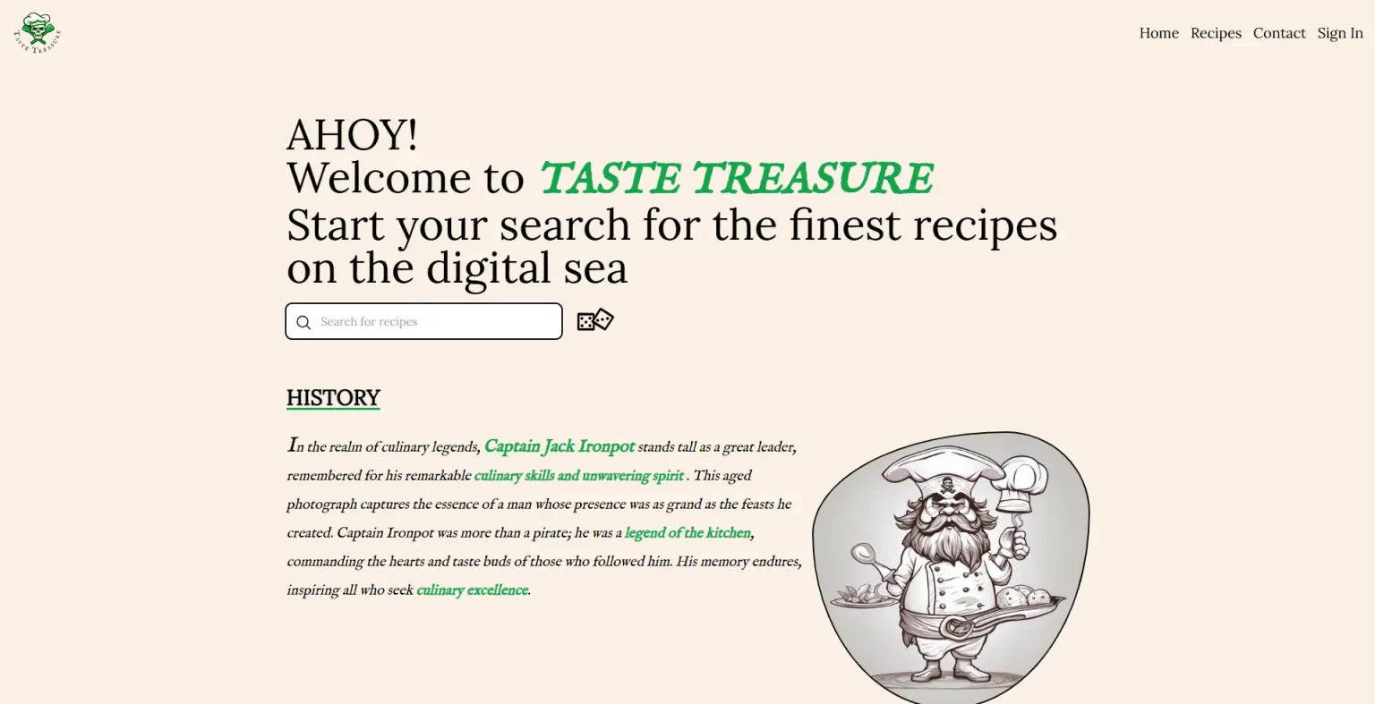 Welcome page of Taste Treasure with a search bar and an illustration of Captain Jack Ironpot holding a spoon