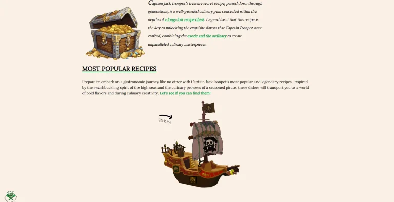 A treasure chest filled with gold coins and a pirate ship with a clickable arrow pointing towards it