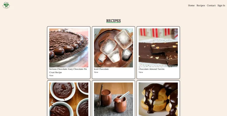 A grid of recipe cards featuring chocolate-based desserts, including pies, iced chocolate, and cream puffs