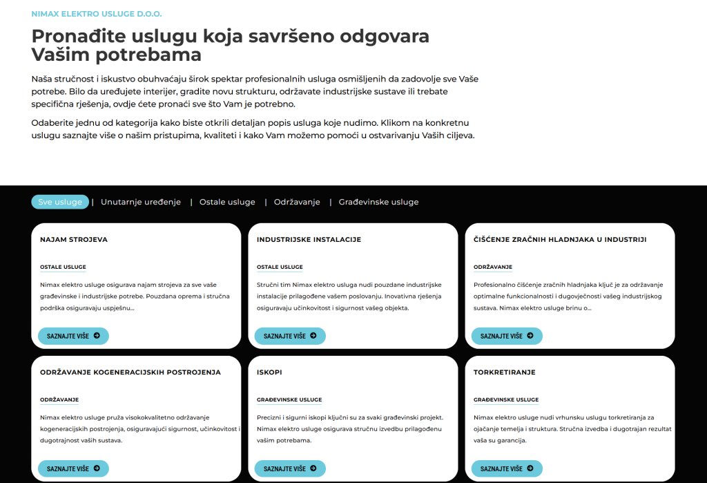 Nimax services page displaying a range of professional solutions