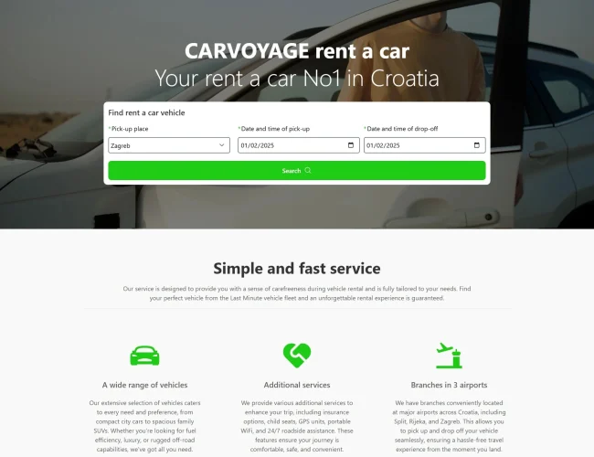 CarVoyage homepage with car rental search functionality and information about the service offerings
