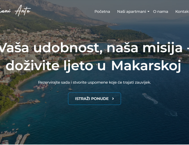 The initial section of Apartmani Ante website, showcasing introduction and navigation