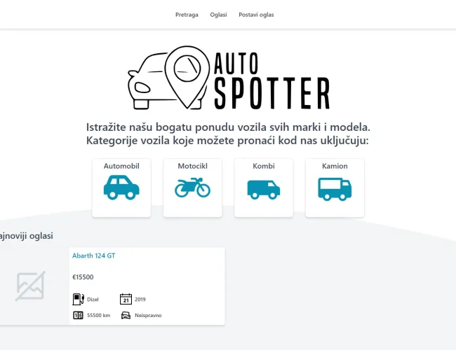 Homepage of Auto Spotter featuring vehicle categories and a highlighted car listing