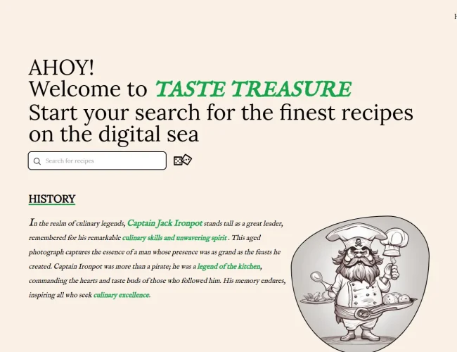 Welcome page of Taste Treasure with a search bar and an illustration of Captain Jack Ironpot holding a spoon